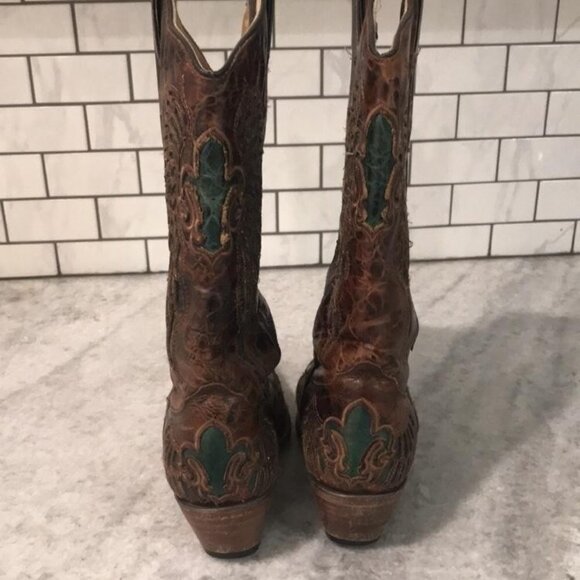 Corral Boots Womens Size 7 Brown Leather Western Fleur de Lis Inlay Snip Toe - Picture 6 of 12
